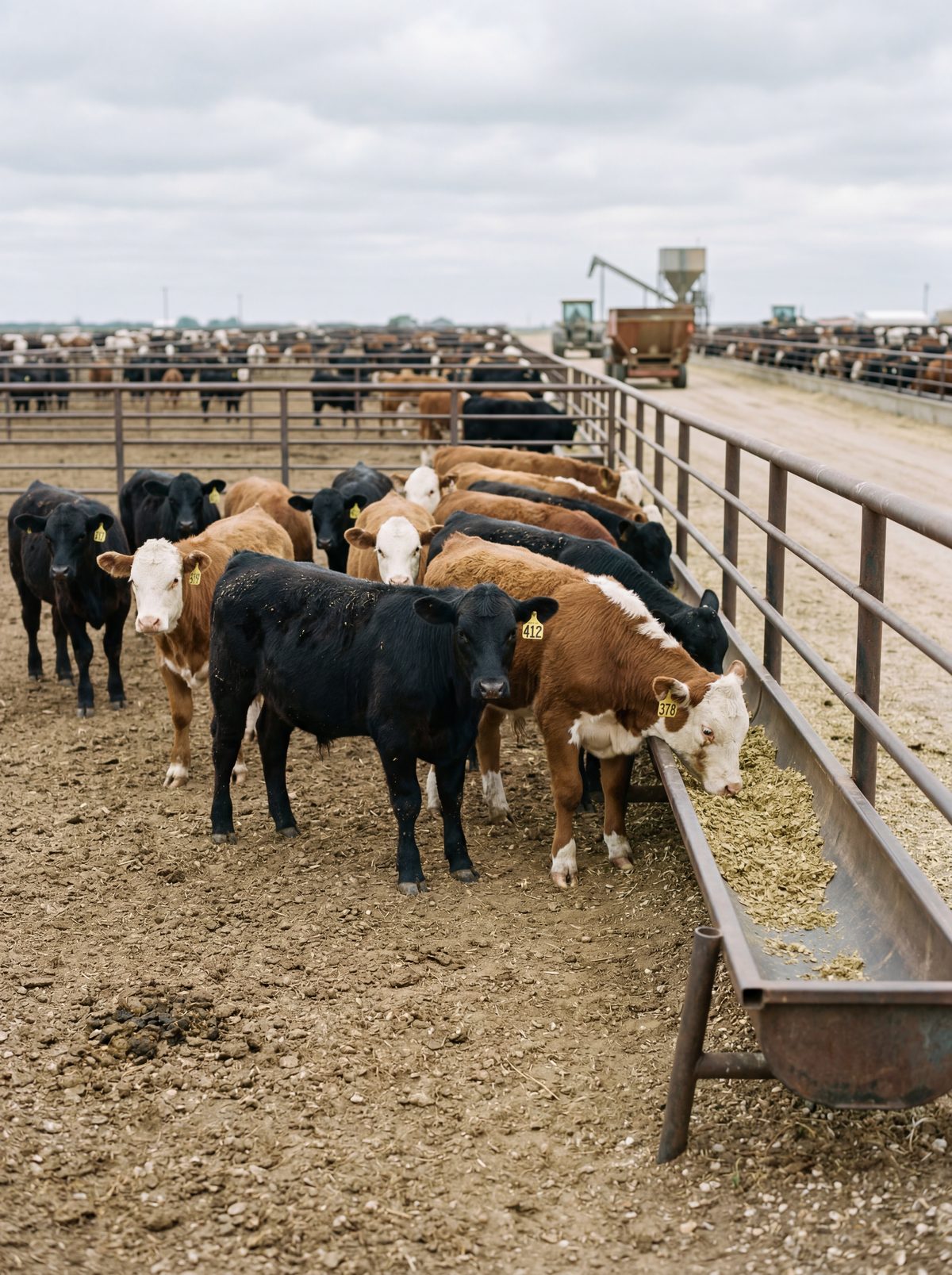 Beef cattle feeding at the bunk in the feedlot