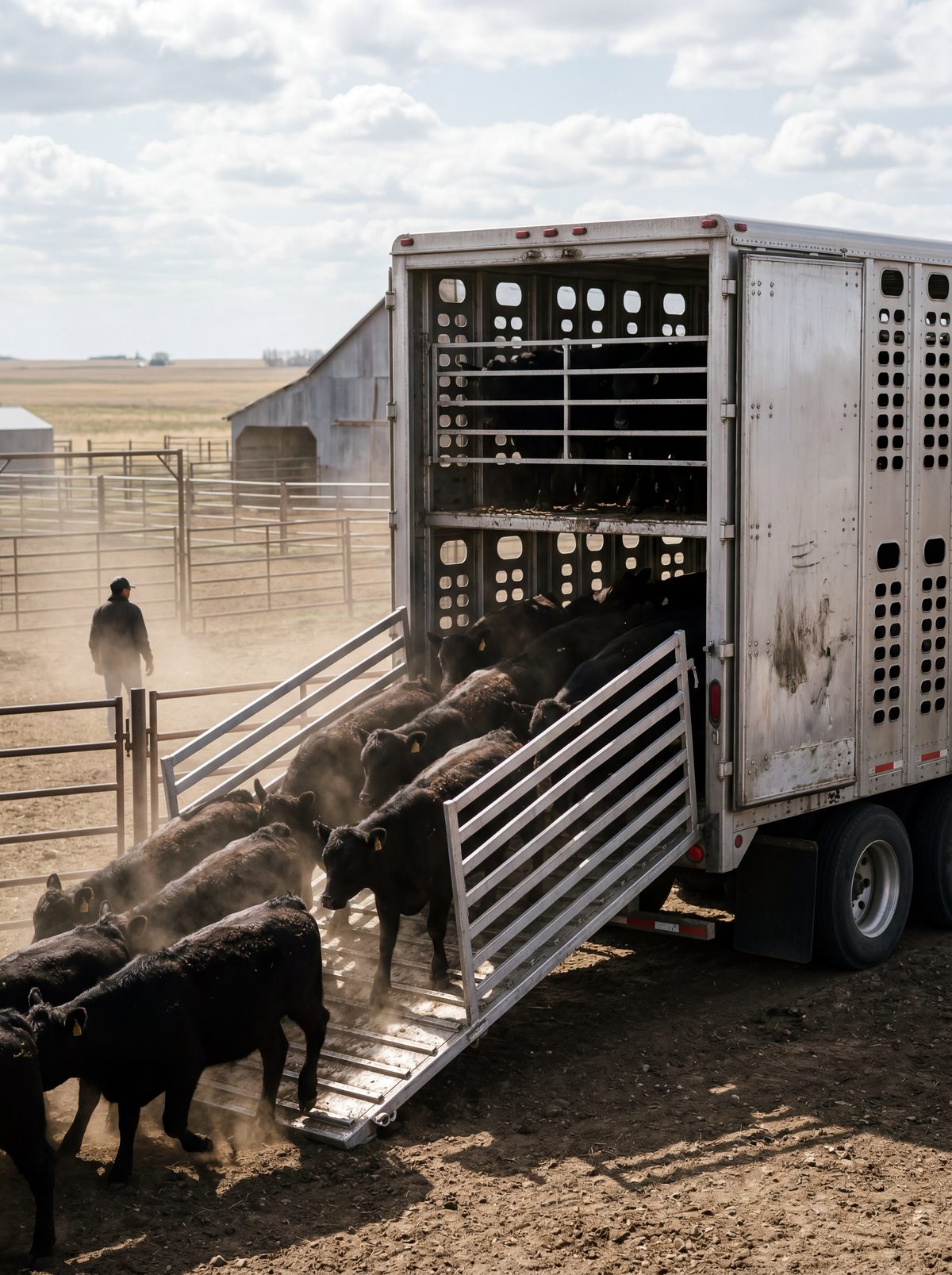 Cattle being loaded into a livestock transport trailer