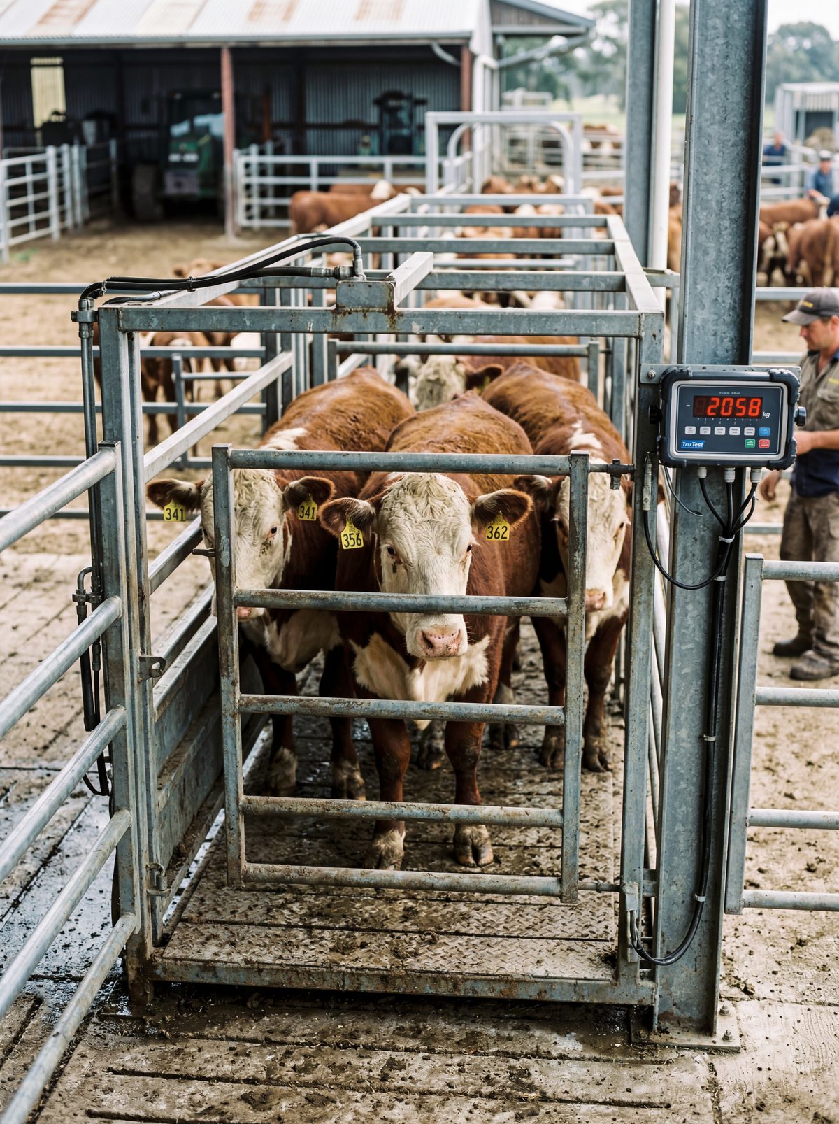 Veterinary inspection of a bull in a handling chute
